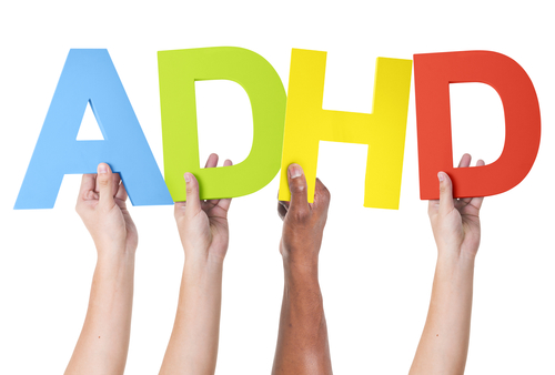 four arms extended upward, each holding a letter from the acronym ADHD